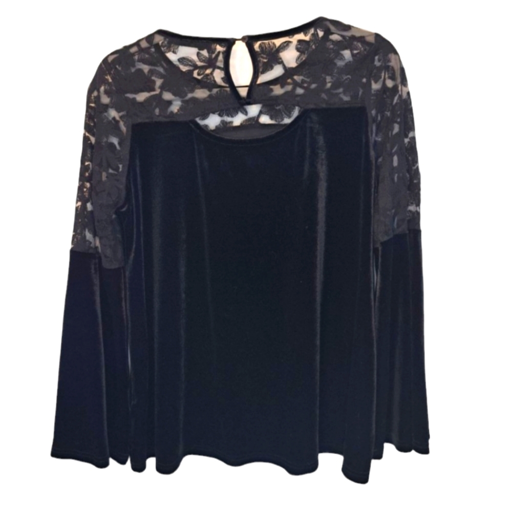 Doe & Rae Long Bell Sleeved Black Lace Keyhole Velvet Blouse Size Large - Picture 2 of 7